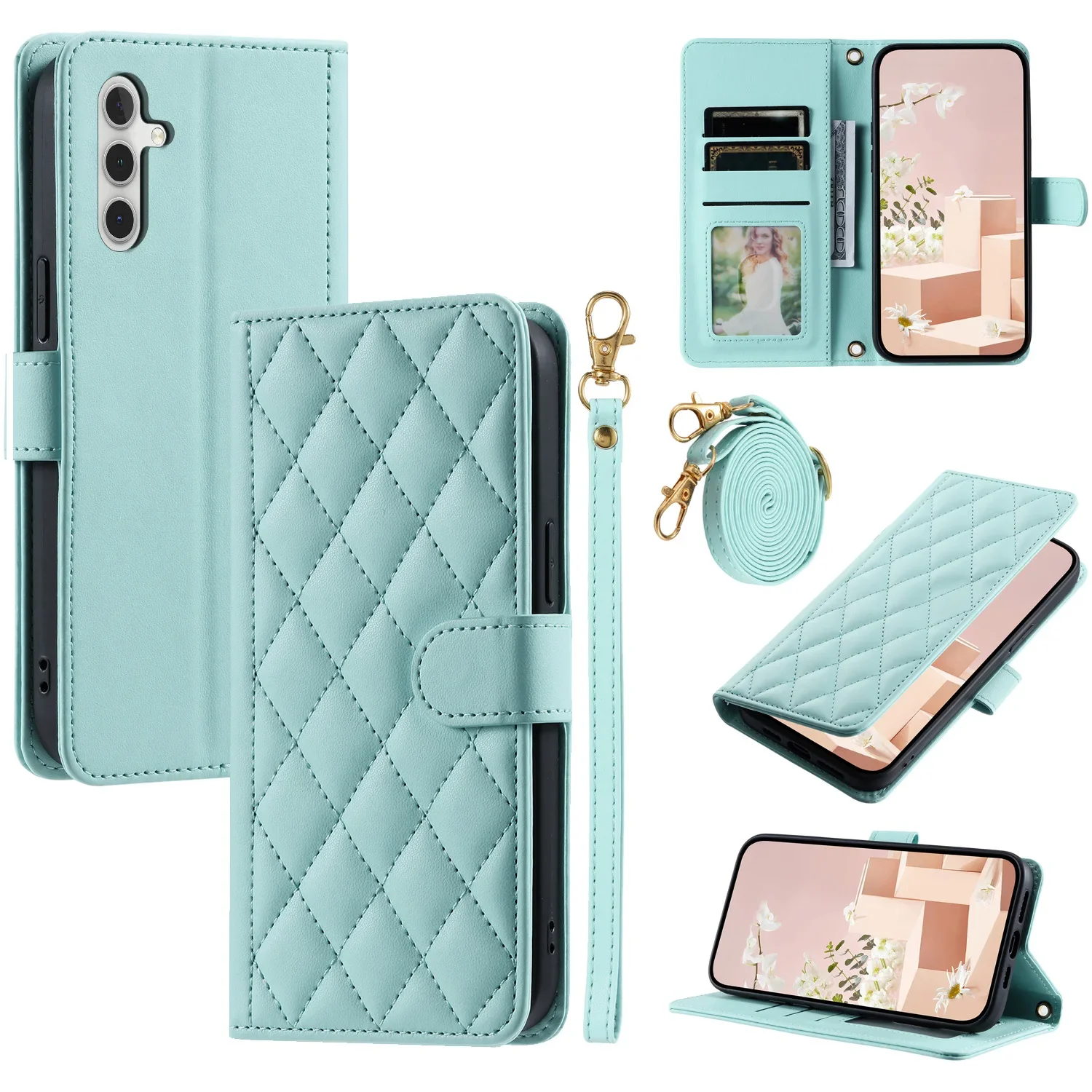 Funda tipo billetera de cuero a cuadros cruzada para Samsung Galaxy S24 Ultra S23 Plus S22 S21 FE A55 A25 A35 A15 funda con tapa con cordón - imagen 2