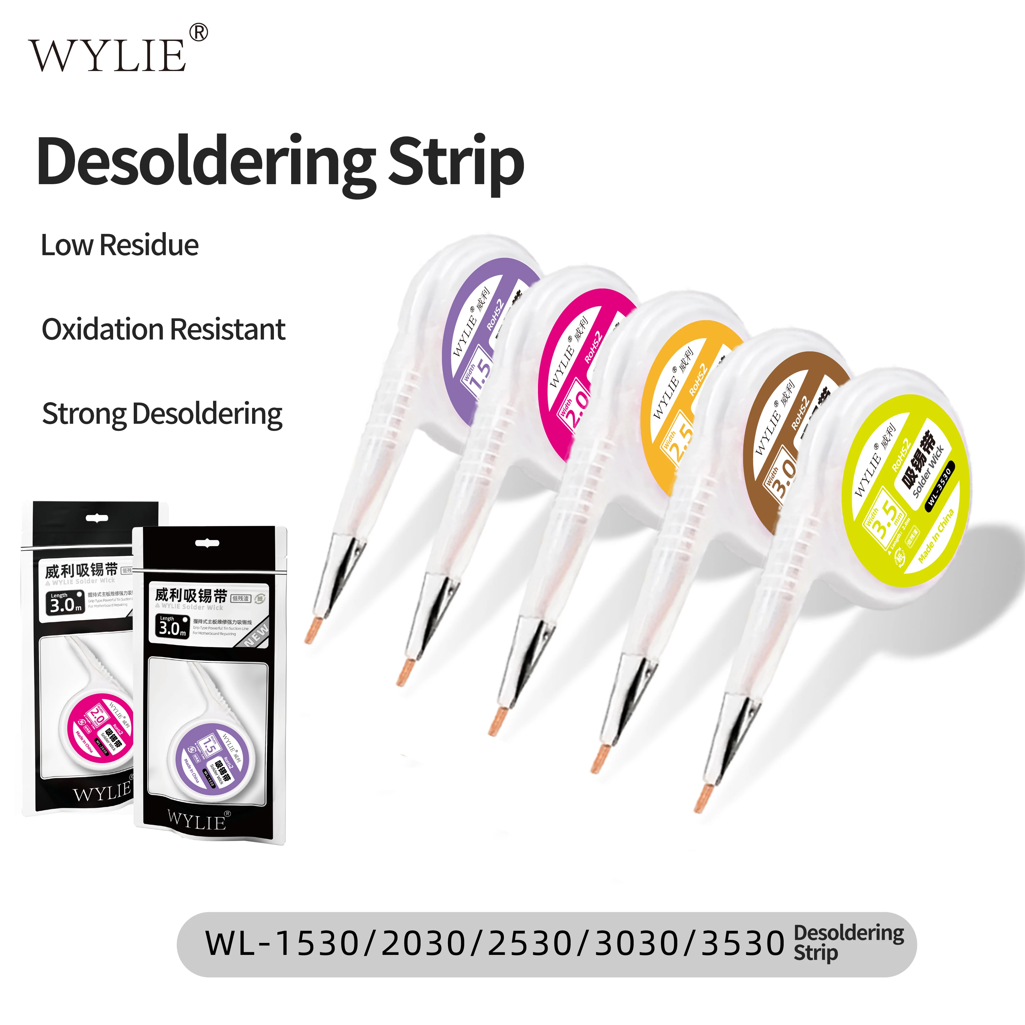 WYLIE 1,5/2,0/2,5/3,0/3,5mm 3M trenza para desoldar bajo residuos para reparación de soldadura PCB junta de soldadura herramienta de desoldar - imagen 2