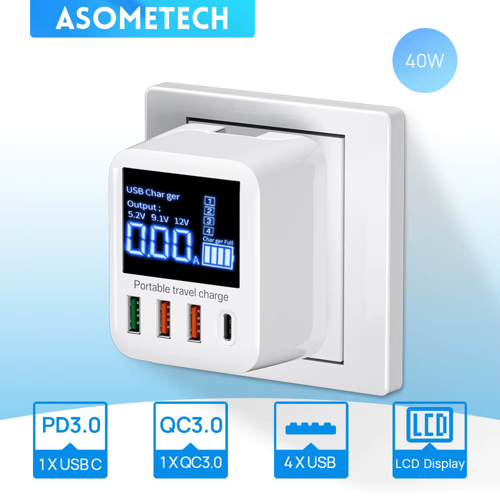 Cargador ASOMTECH 40W 4 Puertos USB QC3.0 PD3.0 – Carga Rápida - imagen 4