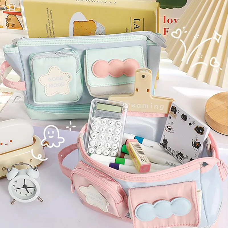 Estuche para lápices Kawaii con bloques de color dopamina, bolsa organizadora de maquillaje estilo Ins de gran capacidad con múltiples compartimentos - imagen 2