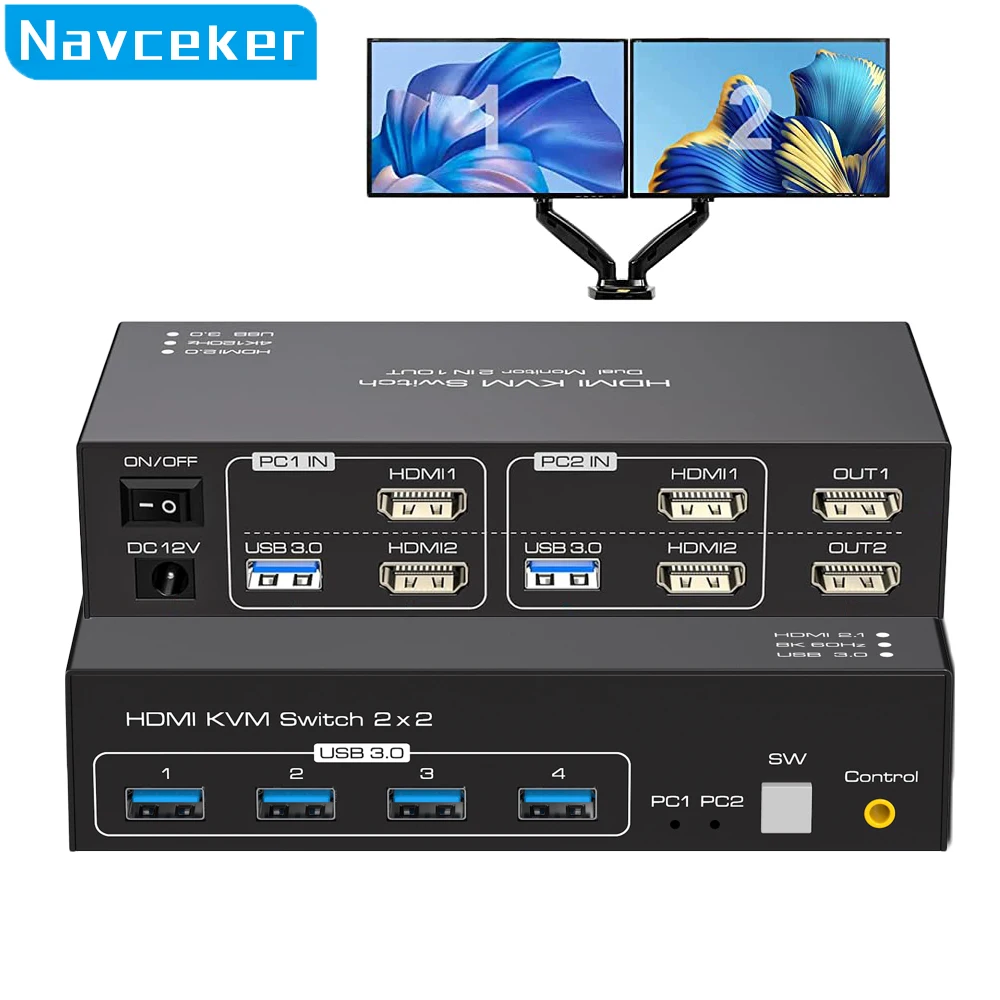 Conmutador KVM 2X2 Monitor Dual 4k 144Hz HDMI 2,1 conmutador KVM pantalla extendida HDMI DisplayPort USB 3,0 conmutador KVM 2 en 2 salidas para PC - imagen 2