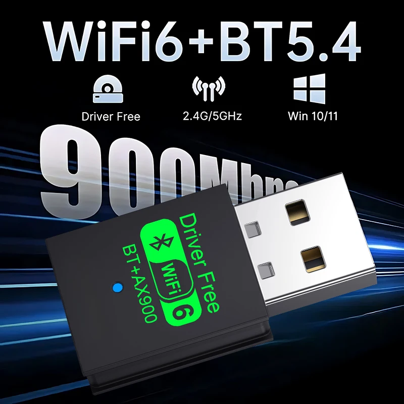 Adaptador USB AX900 WIFI6 2 en 1 Bluetooth 5.4 de doble banda 2.4G y 5GHz 900Mbps WiFi 6 802.11AX de alta velocidad Mini receptor de tarjeta de red inalámbrica Dongle para PC portátil WIN 10/11 sin controlador - imagen 2