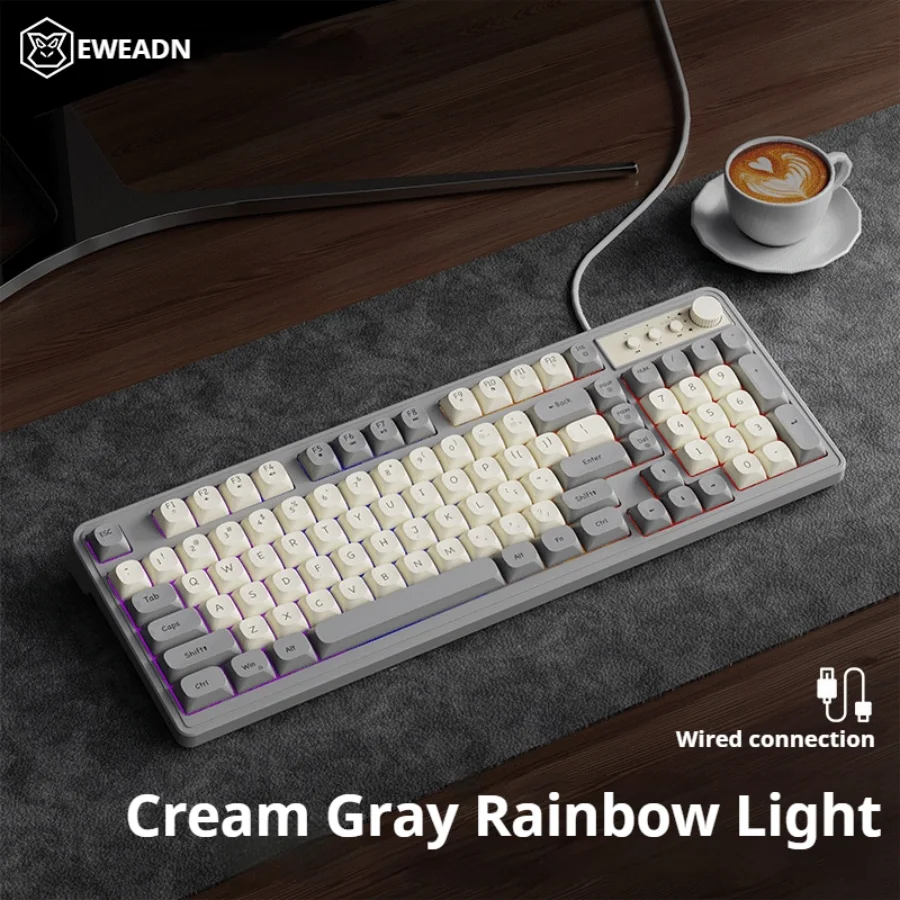 Teclado para juegos EWEADN con cable, 98 teclas silenciosas con teclas color crema, iluminación RGB arcoíris, diseño ergonómico para deportes electrónicos y trabajo