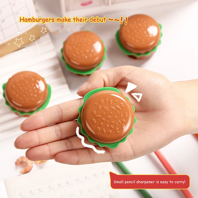 Sacapuntas con forma de hamburguesa de dibujos animados creativos, herramientas de corte de lápiz con agujeros dobles, suministros escolares, regalos de papelería para estudiantes - imagen 4