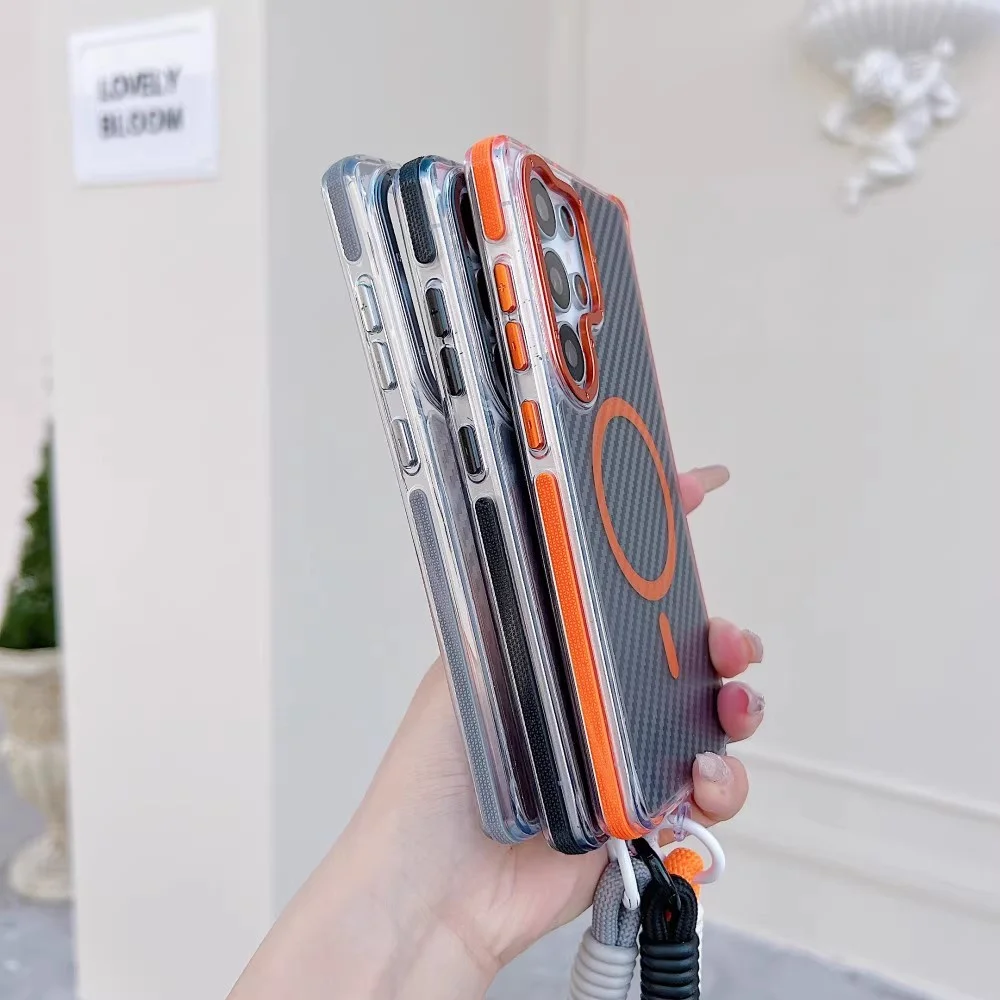 Funda de teléfono magnética de fibra de carbono con cordón de lujo para Samsung S24 S25 Ultra S23 Plus, funda protectora de carga inalámbrica Magsafe - imagen 5
