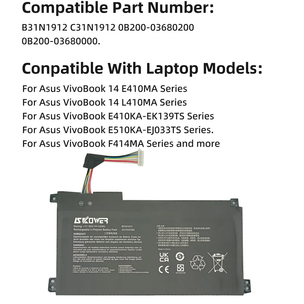 SKOWER B31N1912 batería del ordenador portátil para For Asus VivoBook 14 E410MA L410MA E410KA-EK139TS E510KA F414MA L510MA R522MA E510MA C31N1912 - imagen 2