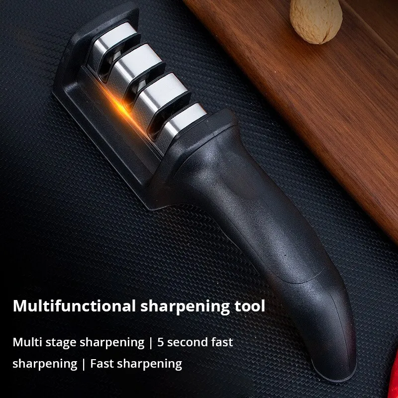 1Pc negro cocina tres segmentos cuchillo afilador hogar multifuncional mano tres propósito afilar piedra herramienta de cocina - imagen 3