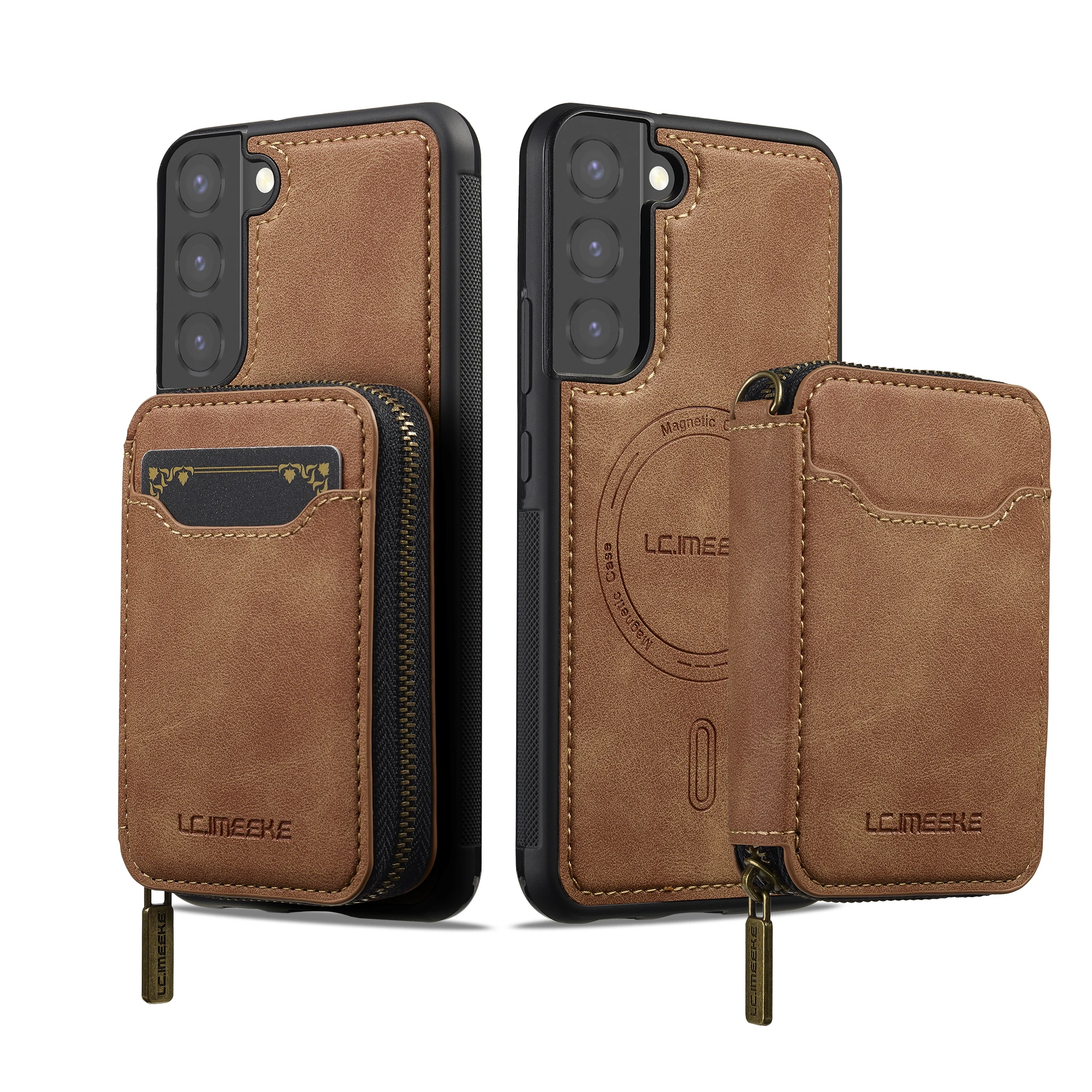 Funda tipo billetera de cuero con cremallera Solt para Samsung S25 Ultra S24 Plus S23 S22 A16 A36 A56, tarjetas magnéticas desmontables 2 en 1 - imagen 3