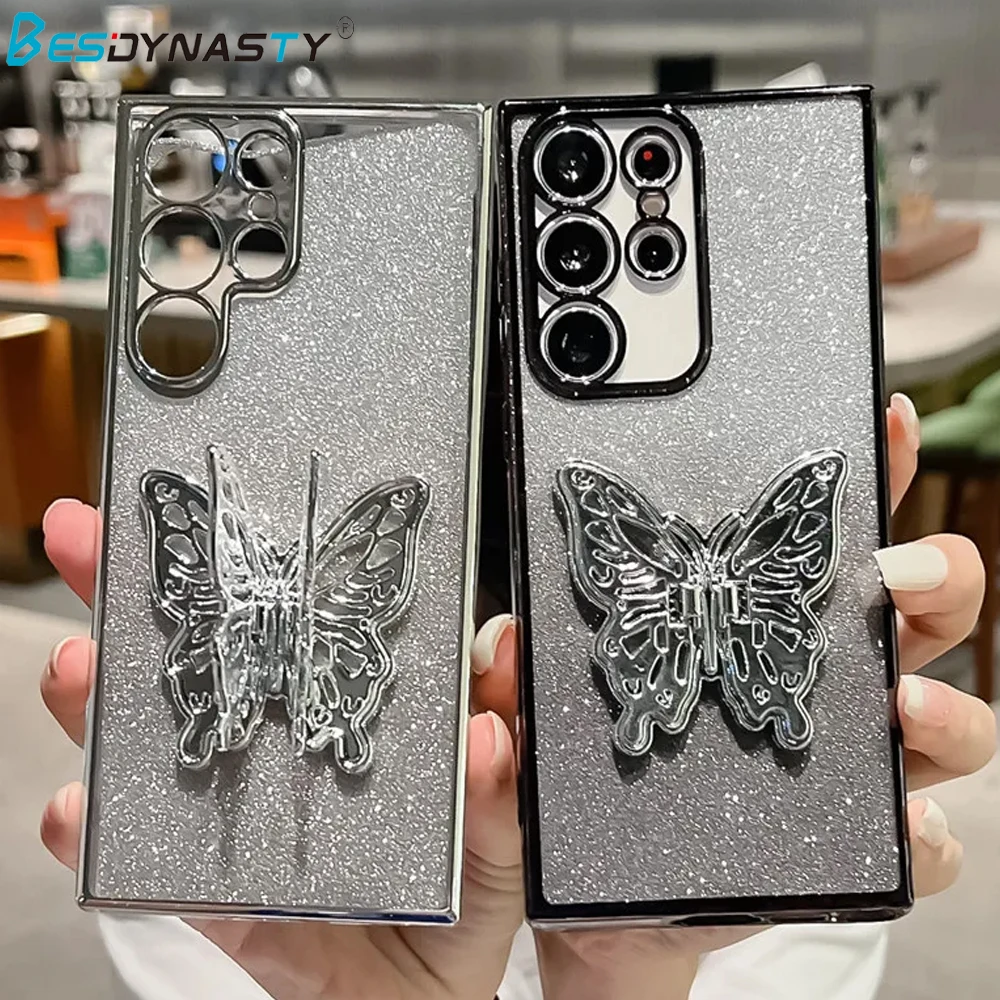 Soporte de teléfono de mariposa de lujo, funda chapada con purpurina para Samsung S24 Plus S23 FE S22 Note 20 Ultra S21 S20 S10 S9 Plus, cubierta trasera - imagen 2