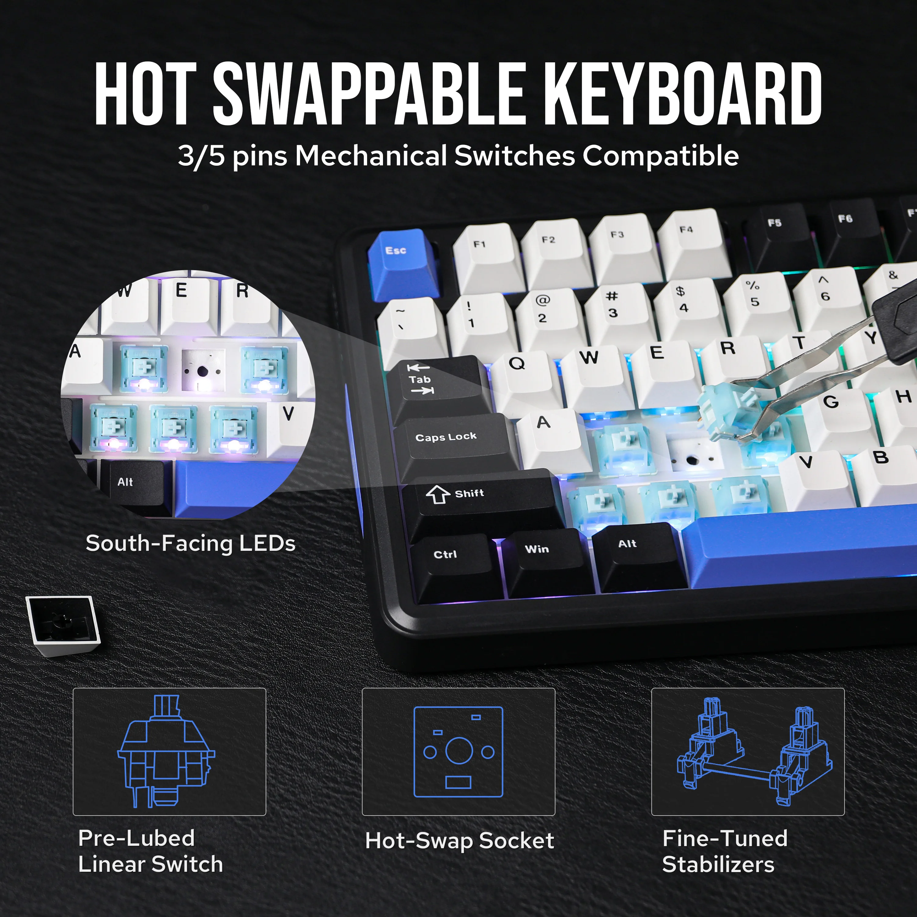 EPOMAKER TH85 80% QWERTY ANSI Layout VIA Junta Teclado mecánico inalámbrico USB/2,4 Ghz/BT5.0 con cable intercambiable en caliente para oficina/juegos - imagen 5