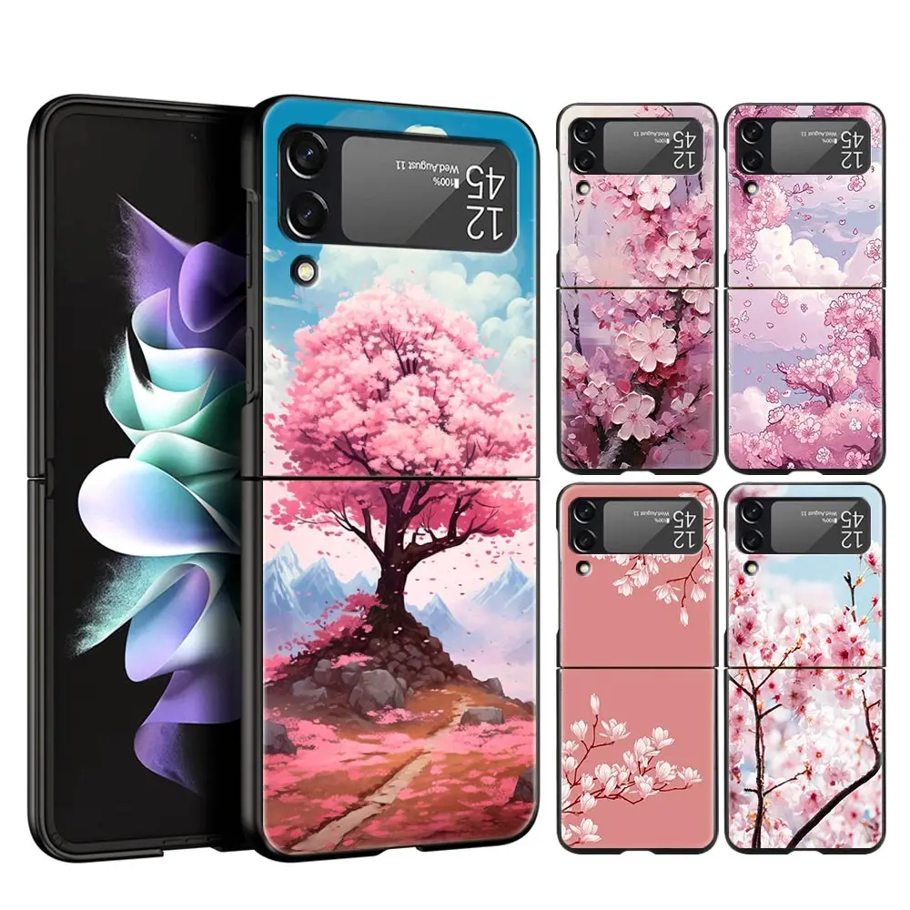 Funda de teléfono para Samsung Galaxy Z Flip 3, 4, 5, PC plegable negro duro para Samsung Z Flip3, carcasa protectora, árbol de flor de cerezo