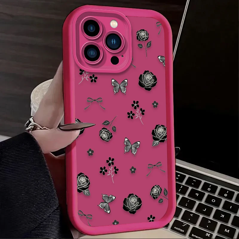 Funda de silicona suave con flor de rosa negra para iPhone 16 15 14 13 12 11 Pro Max X XS X S Max XR SE 2020 7 8 Plus contraportada a prueba de golpes - imagen 5
