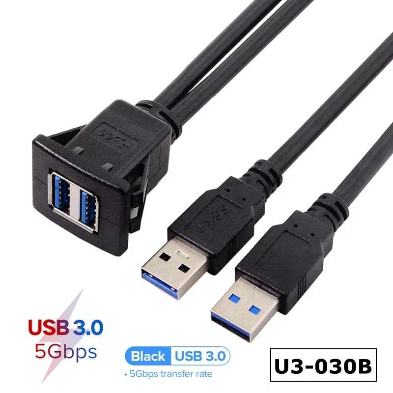 Enchufe USB de doble puerto extensible Cabe USB3.0, Cable de extensión de montaje empotrado para coche, Panel de tablero, Cable USB cuadrado para coche y motocicleta - imagen 3