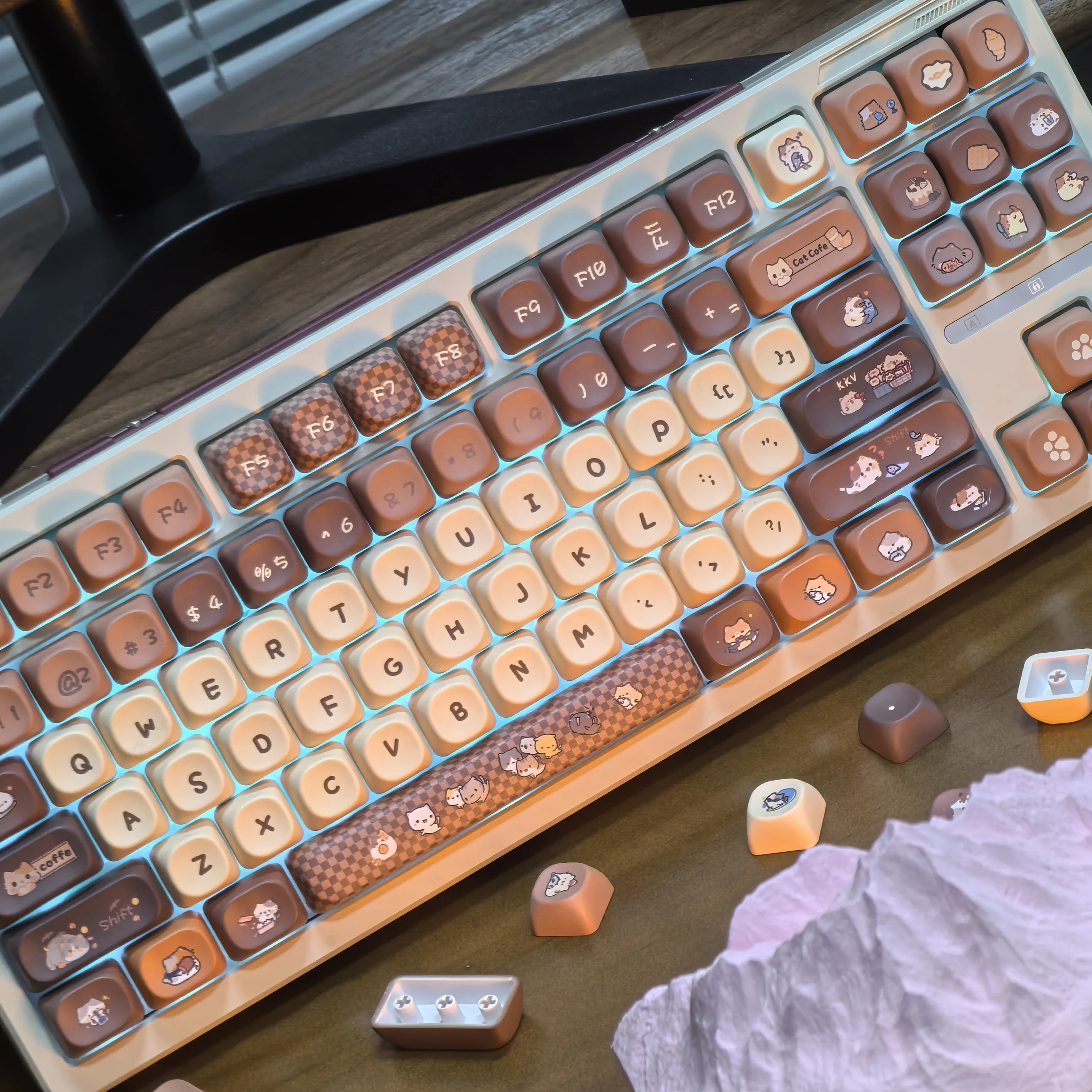 Moa Keycaps lindo gato Retro café Pbt marrón pata de gallo Diy para Aula 75 Teclado mecánico Diy Keycaps 2,25/2,75u barra espacial