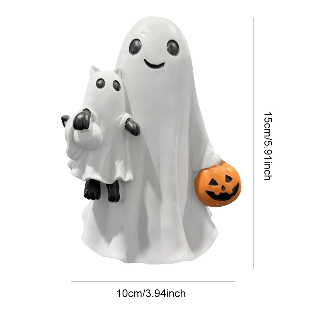 Estatua de gato con fantasma de Halloween, estatuilla de resina de fantasma espeluznante de calabaza, gato abrazo para fiesta de Halloween - imagen 5