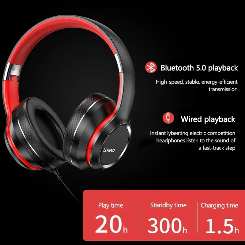 Lenovo HD200 auriculares Bluetooth sobre la oreja plegables auriculares inalámbricos para ordenador cancelación de ruido auriculares estéreo HIFI para juegos - imagen 2