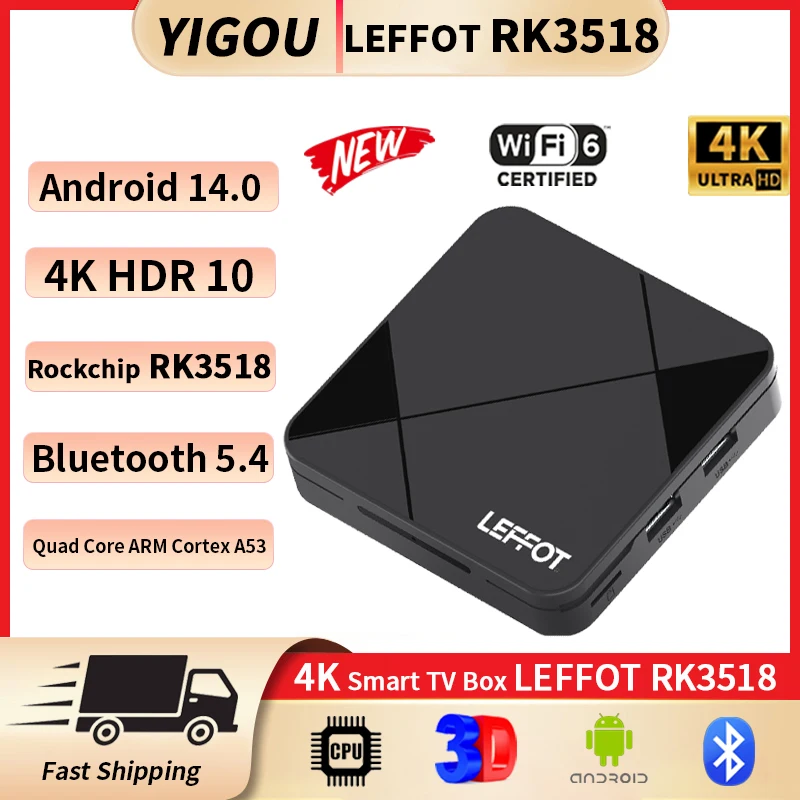 LEFFOT RK3518 Android 14,0 Smart TV Box RK3518 Quad Core 4K con Wifi 6 3D Netflix asistente de Google YouTube BT5.4 H96 MAX TV Box