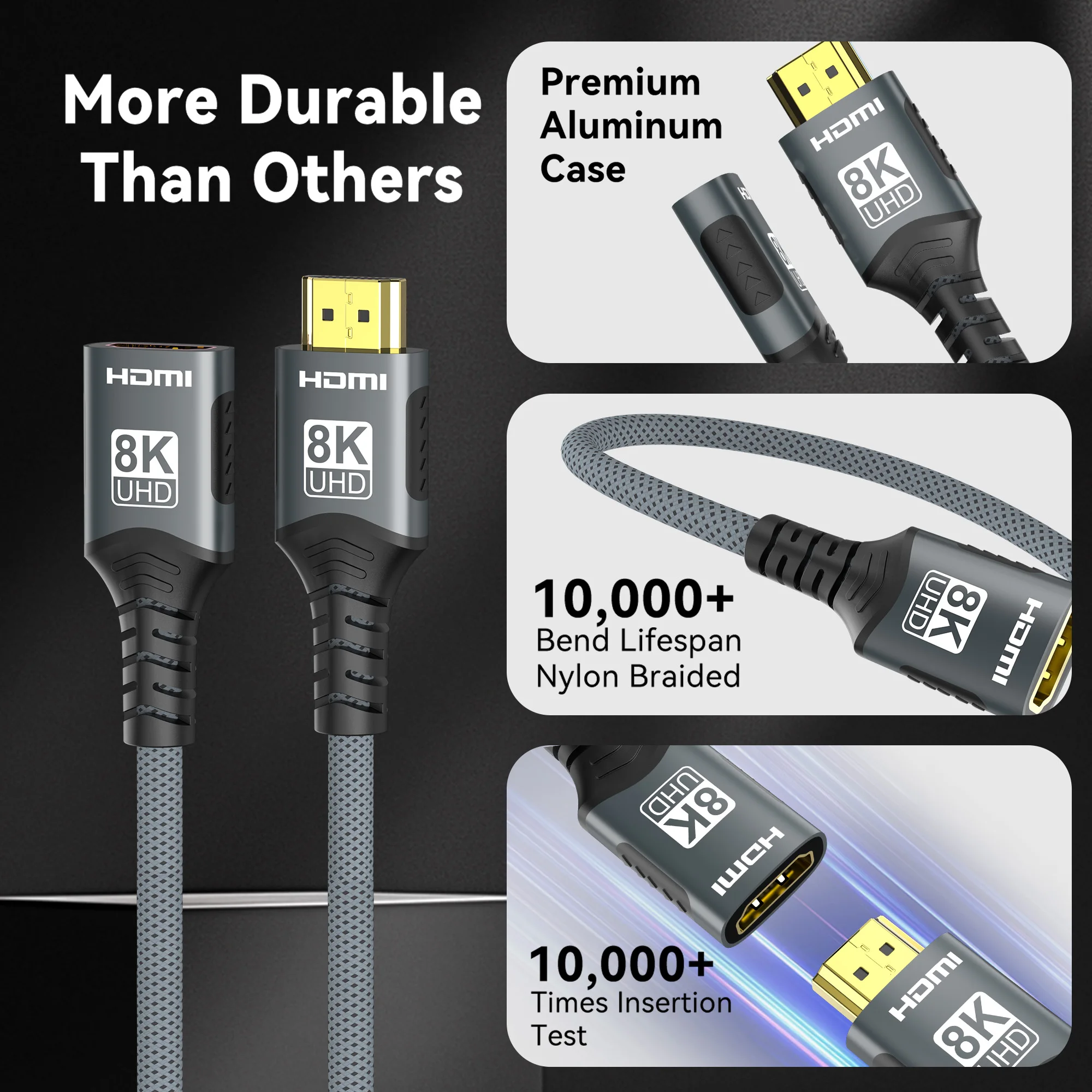 Cable de extensión HDMI 2,1, 8K, HDMI 2,1, extensión macho a hembra, 8K @ 60Hz, 4K @ 120Hz para HDTV RTX PS5, Xbox, HDR, vídeo, PC y portátil - imagen 3