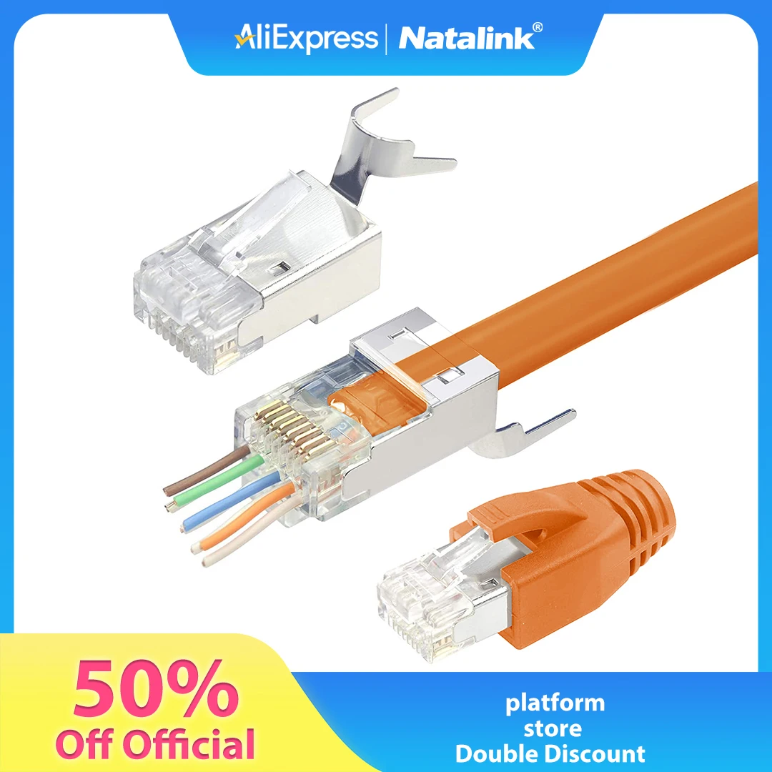 Natalink RJ45 CAT7 CAT6a Conectores Pasantes Blindados, Terminales Modulares Ethernet Bañados en Oro con Fundas de Alivio de Tensión