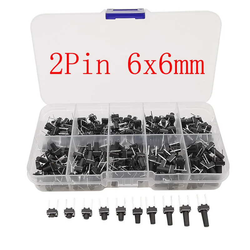 200 unids/caja Micro interruptor táctil 6x6mm 2 pines táctil botón momentáneo interruptor 6x6x4,3mm/5/6/7/8/9/10/11/12/13mm