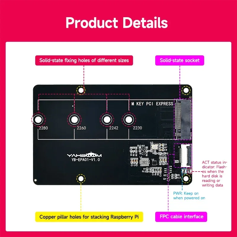 Raspberry Pi 5 PCIE dedicado a M.2 NVME SSD Placa de expansión de unidad de estado sólido 2230 2242 2260 2280 compatible con enfriador activo Pi5 - imagen 5