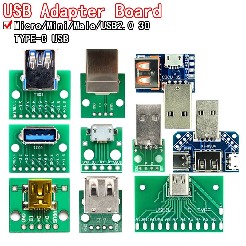 5 uds conector macho USB/MINI MICRO USB a adaptador DIP conector hembra 2,54 conector B tipo C USB2.0 3,0 convertidor PCB hembra