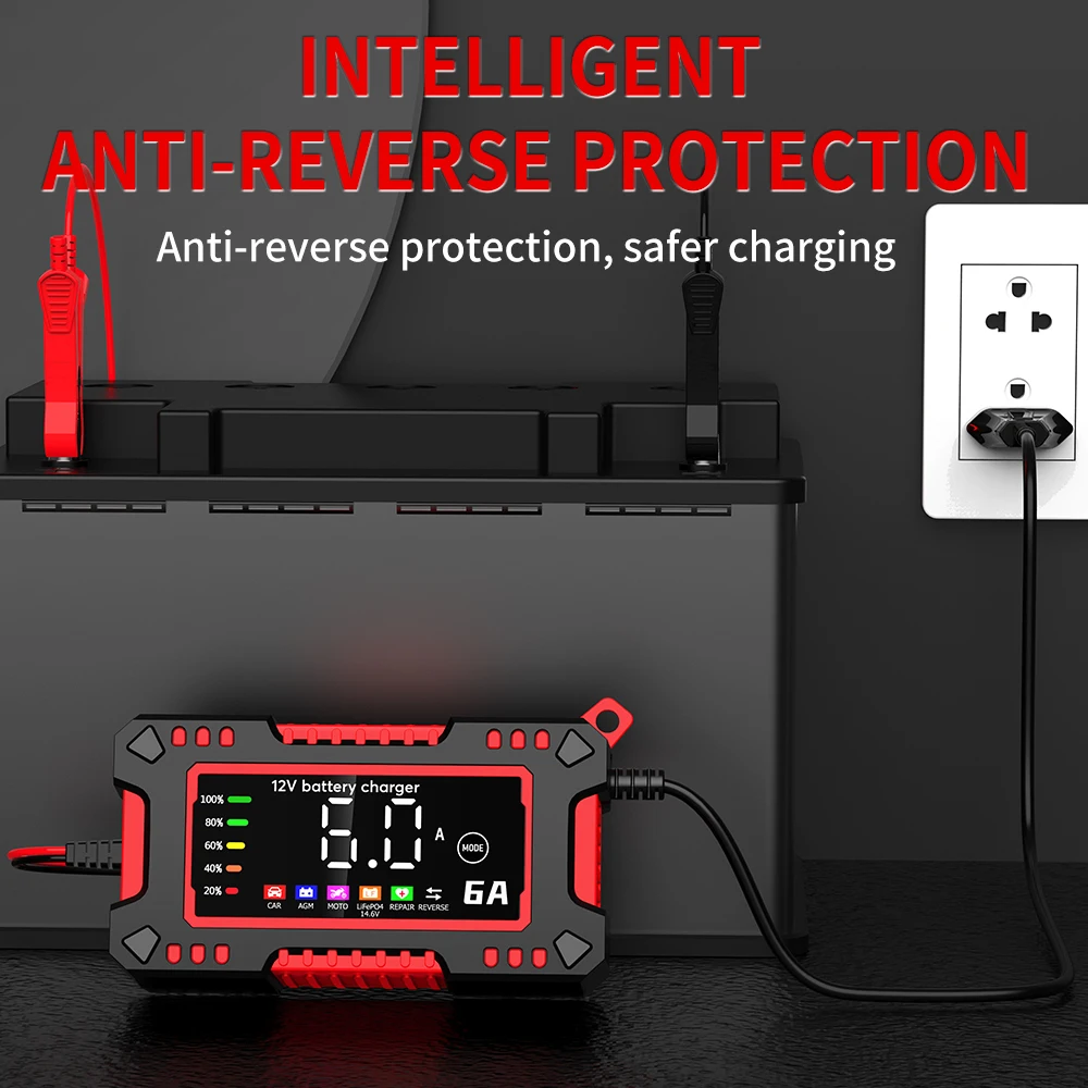 Cargador de batería de coche de 12V 6A, cargador de motocicletas eléctricas con pantalla Digital de 14,6 V 6A para reparación de batería inteligente AGM de plomo ácido LiFePO4 - imagen 4