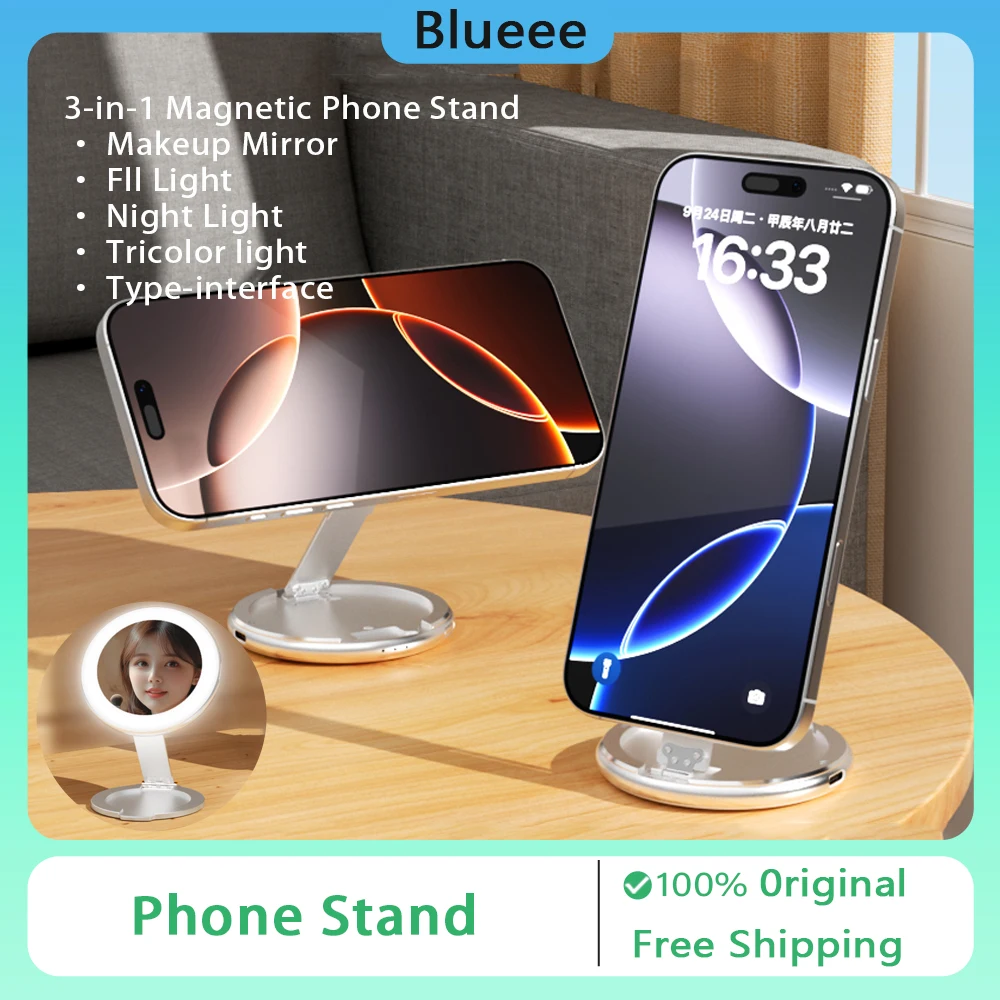 Nuevo soporte magnético 3 en 1 para teléfono con espejo de maquillaje, luz nocturna Fll, soporte plegable multifuncional de aleación ultrafina para teléfono
