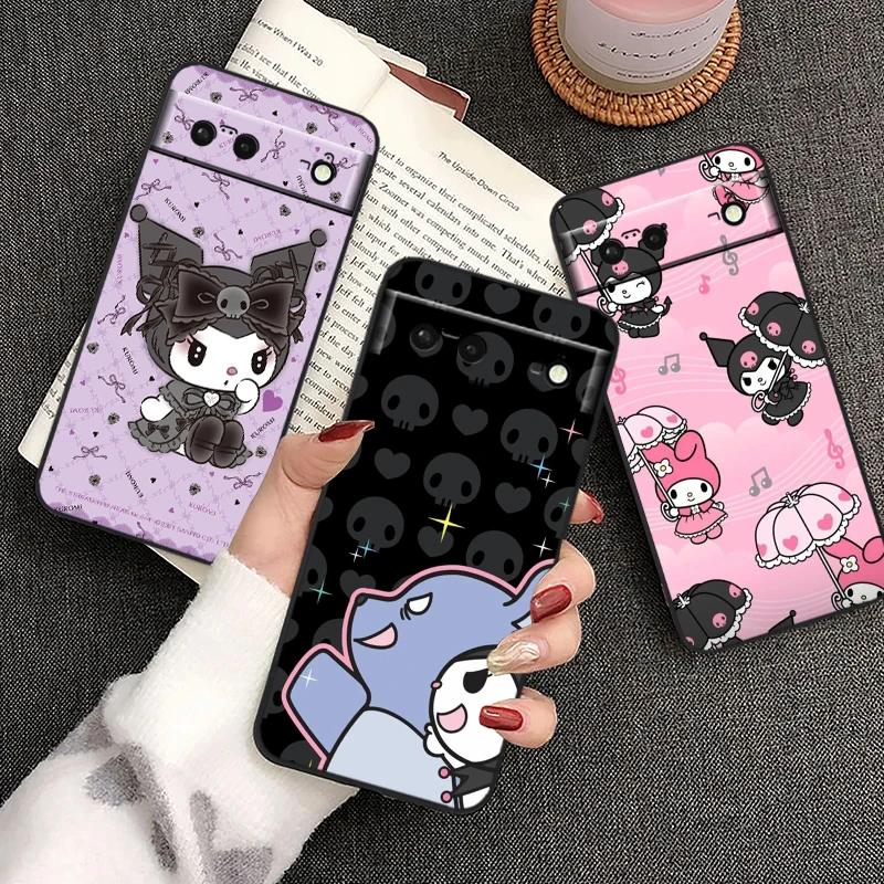 Sanrio Kuromi-Funda de silicona negra a prueba de golpes para Google Pixel 9, 8, 7A, 7, 6A, 6, 5A, 5, 4, 4A, XL, 5G