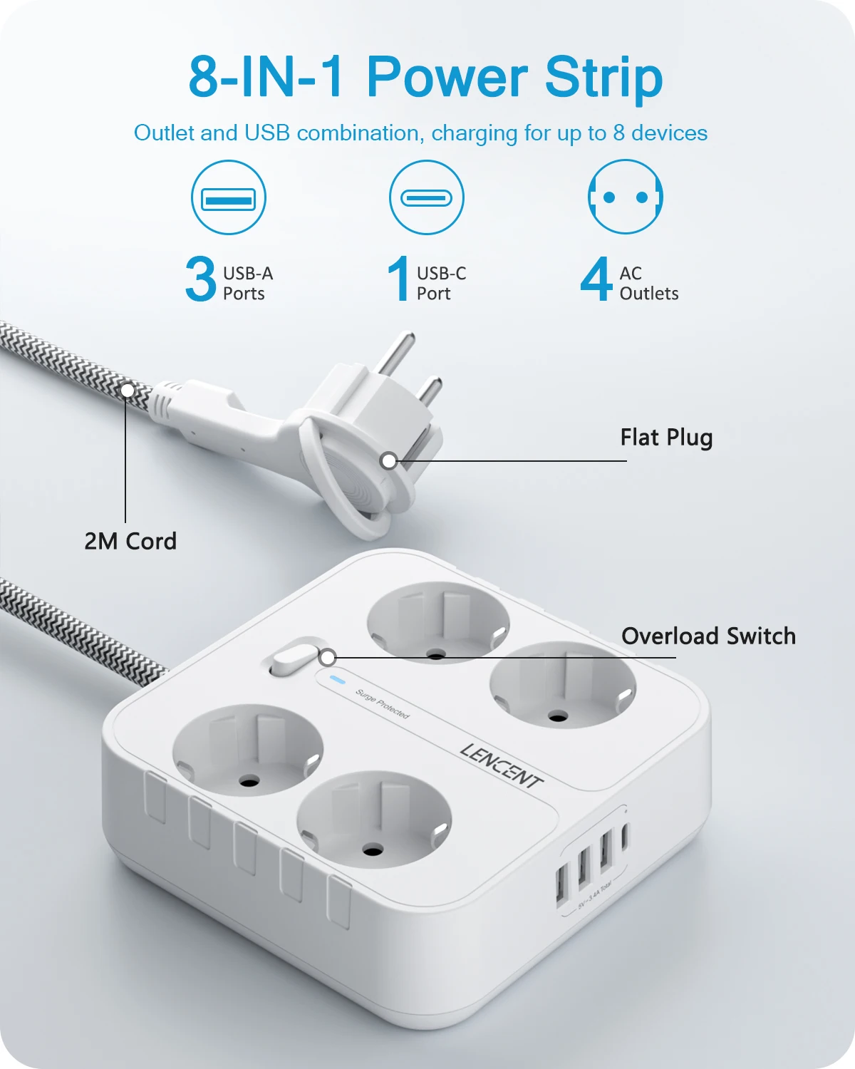 Regleta de alimentación con enchufe europeo LENCENT con 4 tomas de CA + 3 USB + 1 tipo C + Cable trenzado de 2M/3M enchufe múltiple con interruptor para hogar/oficina - imagen 2