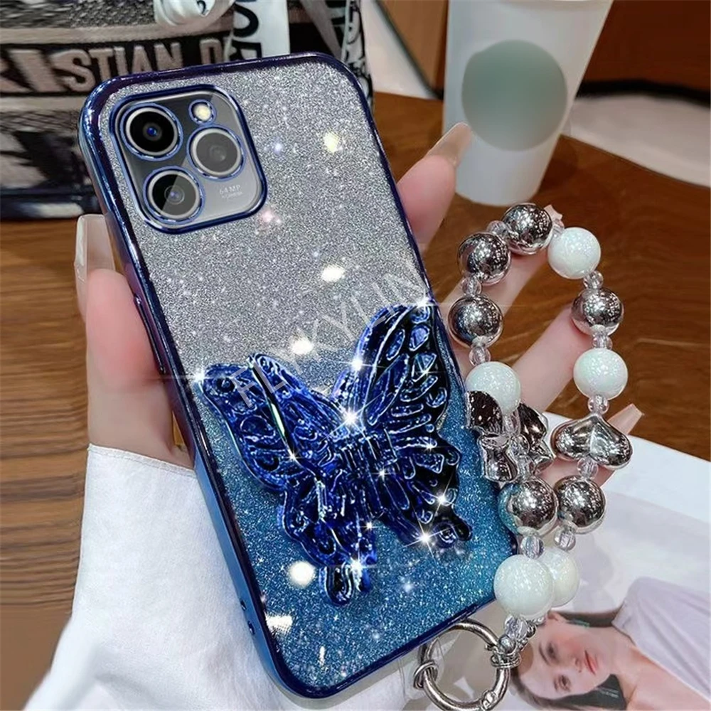 Soporte de teléfono con mariposa 3D, pulsera de cuentas, funda chapada con purpurina para iPhone 16 15 13 12 11 14 Pro Max XS Max XR 7 8 Plus - imagen 5