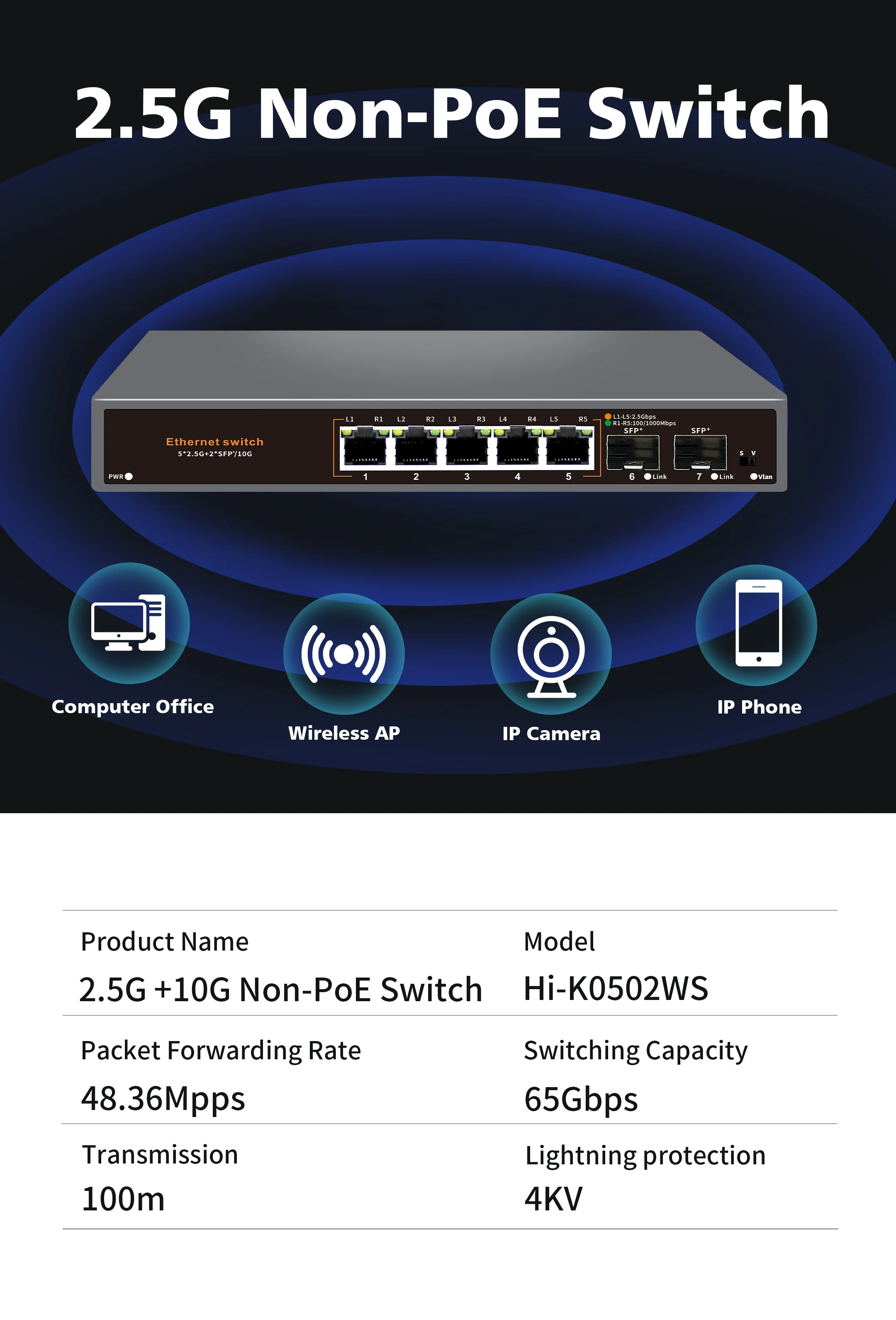 Conmutador Ethernet Hisource de 5 puertos 2,5G sin conmutador de red POE con puerto SFP 2*10G - imagen 2