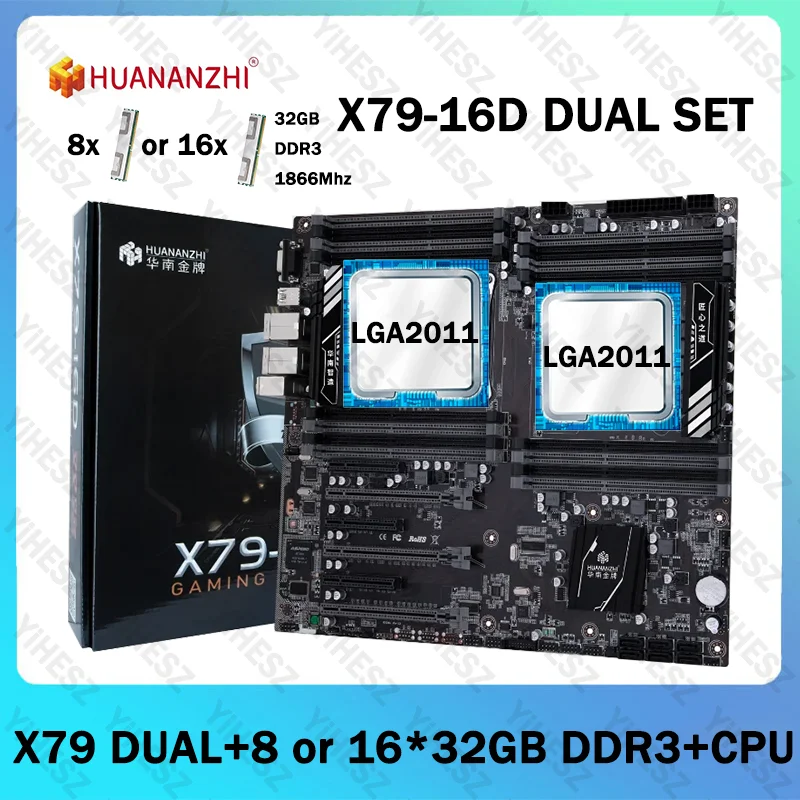 HUANANZHI X79 16D juego de placa base LGA 2011 E5 V3/V4 CPU Dual con 8x32GB o 16X32GB REG ECC DDR3 SATA3 USB3.0 E-ATX con VGA