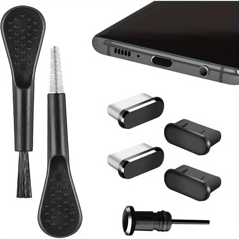 Juego de 4 tapones antipolvo USB C y cepillos de limpieza, cubiertas de puerto de aleación de aluminio y Kit de limpieza para iPhone 16 15 Samsung Galaxy