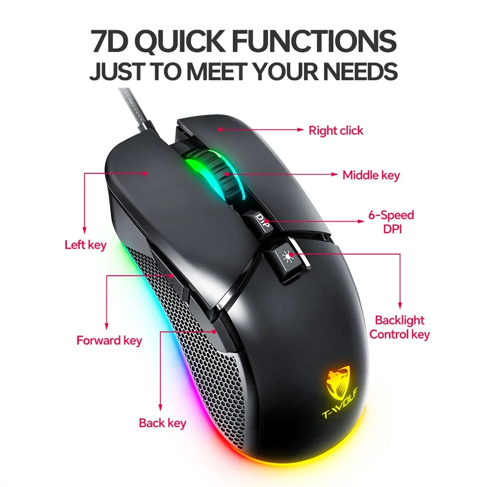 KEBIDUMEI-ratón Macro con cable, ratón para juegos de 7200DPI, 13 RGB, 7 botones, ergonómico, Plug and Play, para Android, Windows, MacOS - imagen 4