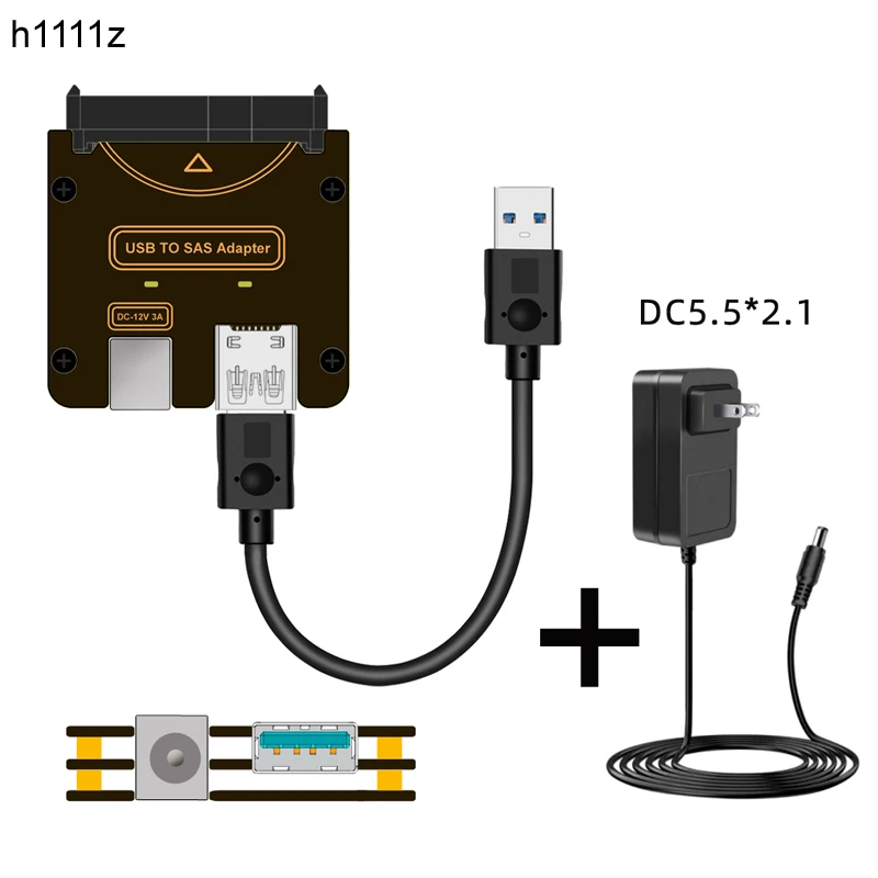 Adaptador SAS a USB con adaptador de fuente de alimentación de 12V/3A unidad de disco duro SAS 29 pines a USB3.2 GEN1 convertidor elevador de 5Gbps para PC portátil