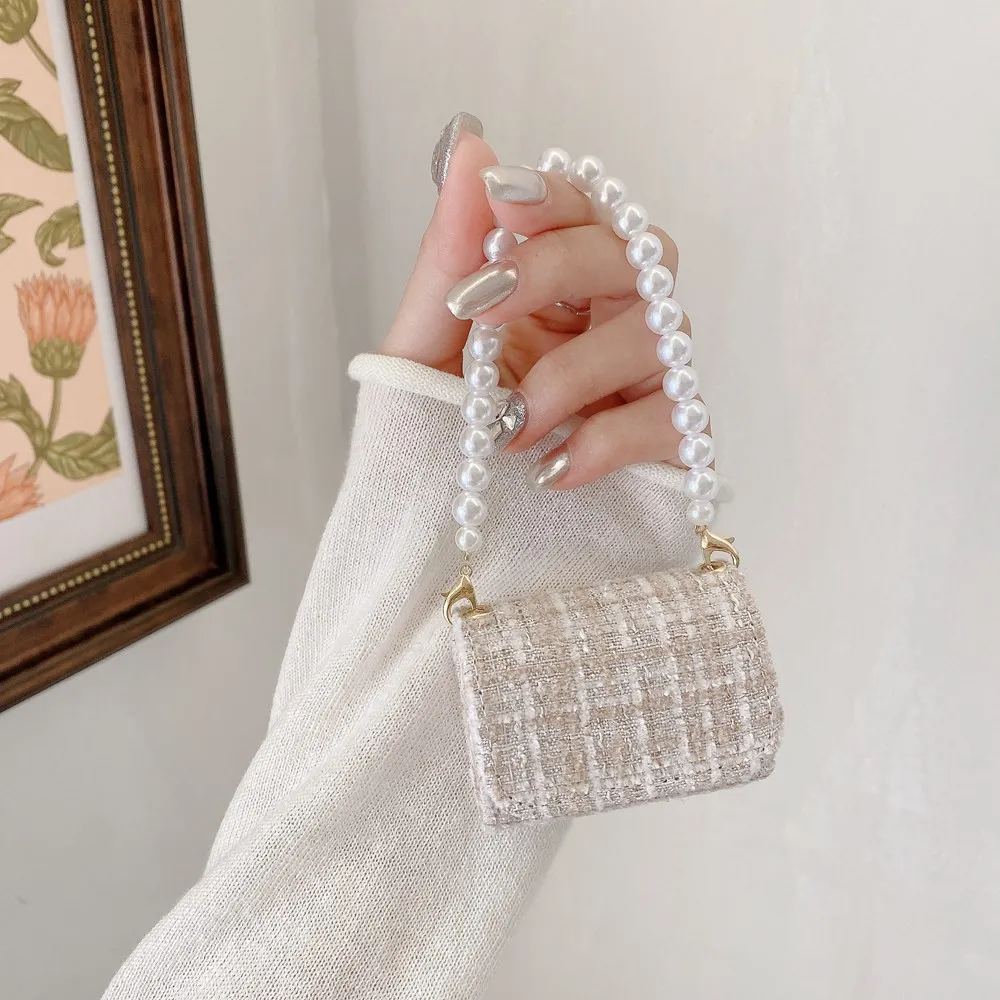 Funda de lujo para auriculares de tela de Tweed para Otoño e Invierno, funda para AirPods 4, 3, 2, funda para pulsera de perlas para Airpods Pro 2, funda para caja de carga - imagen 3