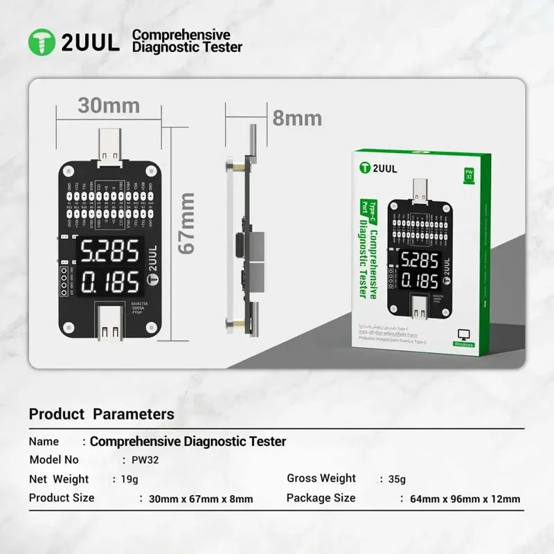 Probador de diagnóstico integral de puerto tipo C 2UUL PW32 con detección de carga en tiempo Real para probador rápido de reparación de teléfonos móviles - imagen 3