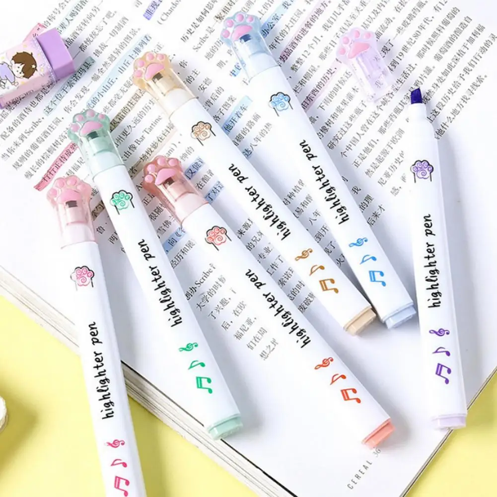 Resaltadores para niños, juego de resaltadores de pata de gato de 6 piezas para niños, estudiantes, rotuladores fluorescentes con punta de cincel para la escuela y la Oficina - imagen 3