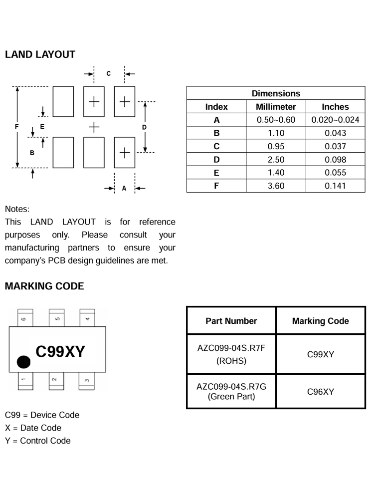AZC099-04S-R7G-Código de AZC099-04S.R7G AZC099, protección estática y contra sobretensiones, C96 AZC099-04, SOT23-6 - imagen 3