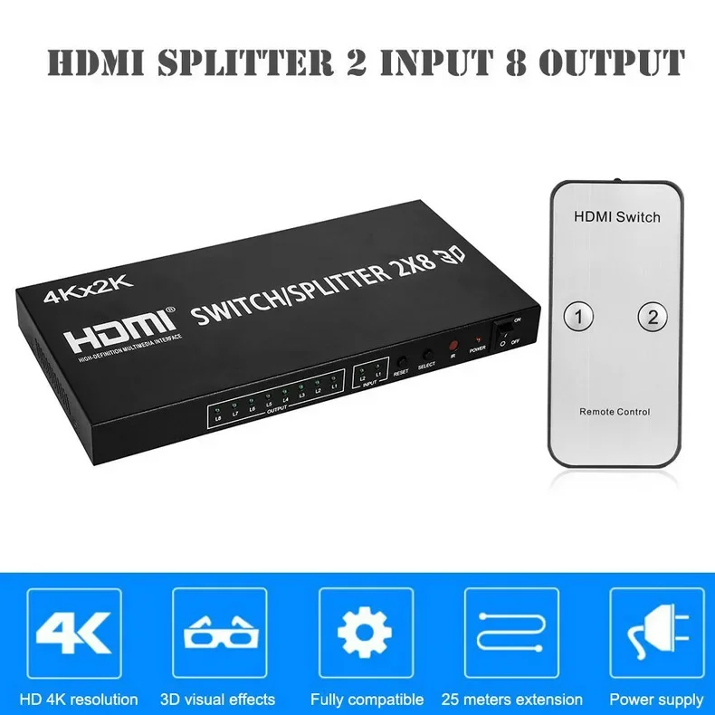 Conmutador HDMI 4K 2 en 8 salidas, divisor de interruptor HDMI, distribuidor de vídeo 2x8, 1 fuente a 8 pantallas, copia de pantalla para Monitor de TV de PC - imagen 2