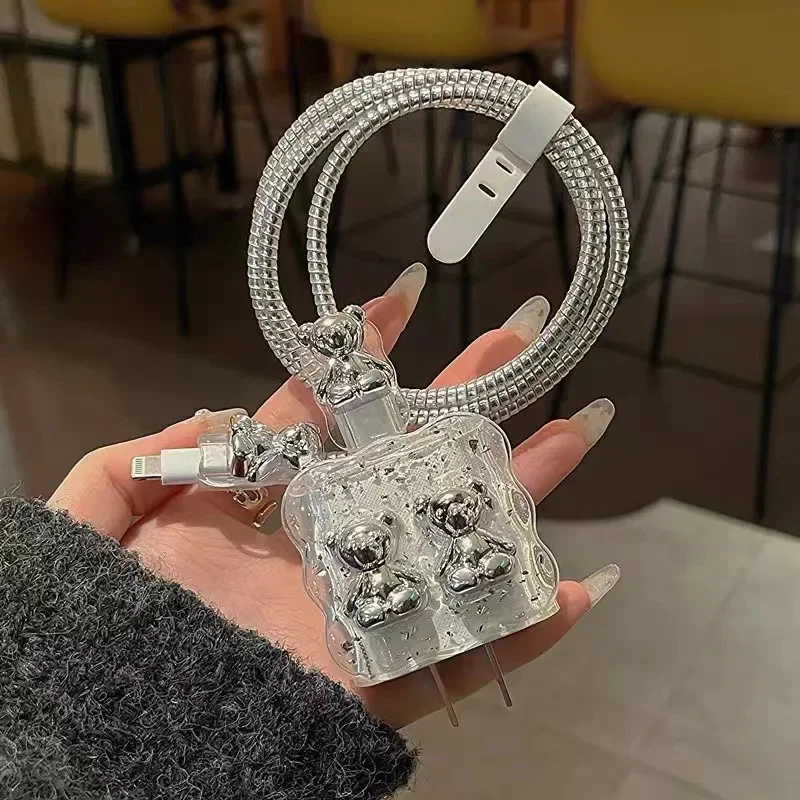 Funda de cargador de oso plateado 3D bonito de Corea para IPhone 11 12 13 14 15 18W-20W Correa de carga cubierta de protección brillante funda de cargador - imagen 2