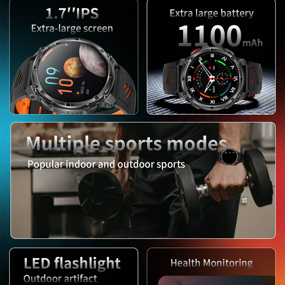 Reloj inteligente de 1,7 pulgadas, batería de 1100mAh, linterna LED, llamada BT, reloj inteligente para exteriores, reloj deportivo para hombres y mujeres, brújula, Monitor de salud, resistente al agua - imagen 2