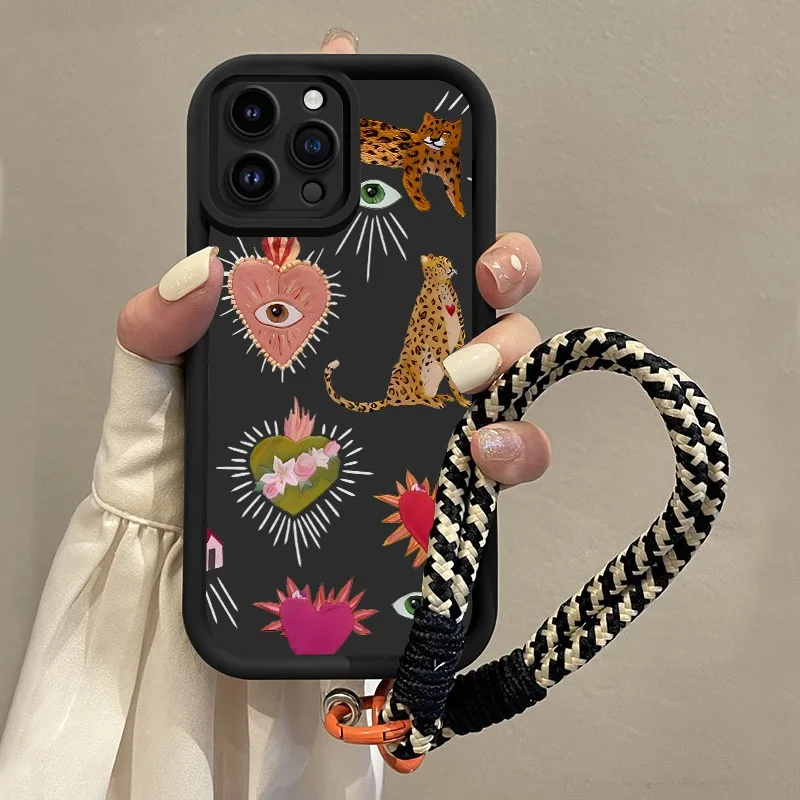 Funda de teléfono con correa colgante y estampado de flores y ojos de leopardo para iPhone 11 12 13 14 15 16 17 Pro Max X XS XR 7 8 Plus 16E 17Air, funda suave