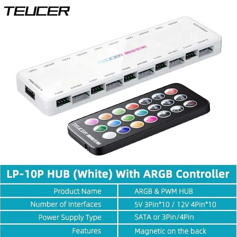 TEUCER LP-10 ARGB/PWM HUB con controlador ARGB Adaptador HUB de ventilador 2 en 1 - imagen 5