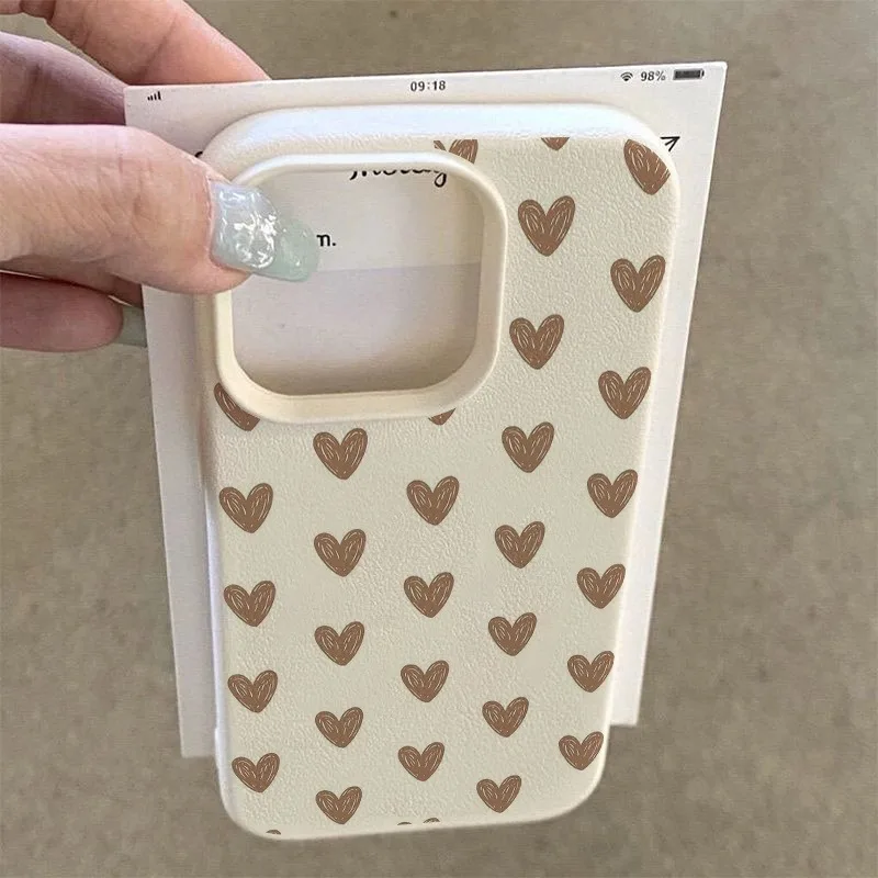 Funda de teléfono con textura de lichi y corazón de amor marrón para iPhone 17 16 15 14 13 12 11 Pro Max 17 Air 15 14 Plus X XS XR 16E, funda suave - imagen 3