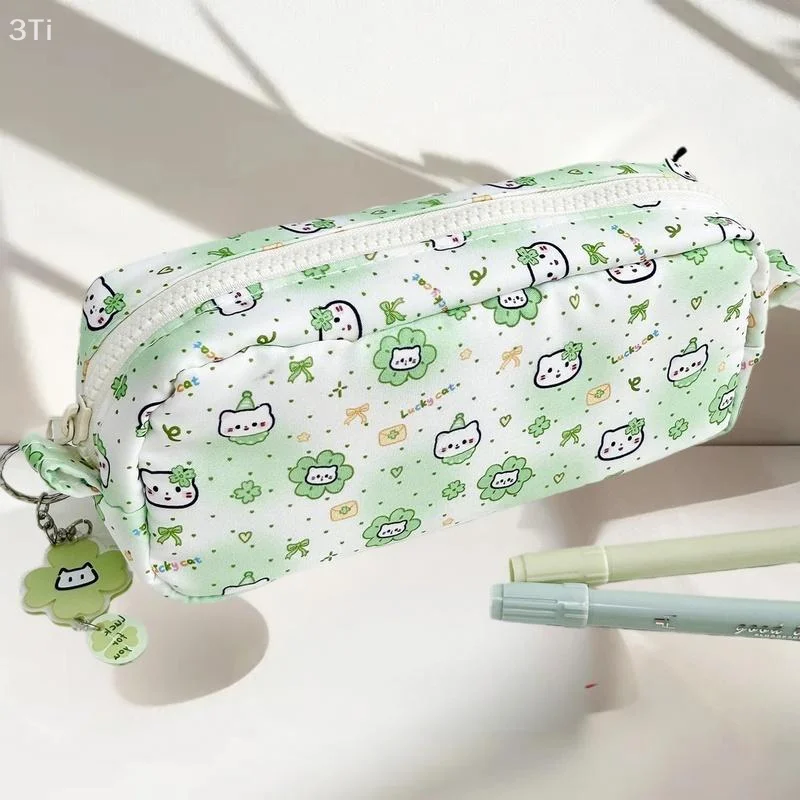 Estuche para lápices con estampado de gato y trébol de dibujos animados, bolsa de papelería para lápices Kawaii de gran capacidad, bolsa de almacenamiento portátil multifuncional - imagen 5