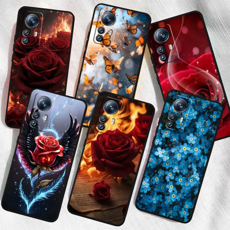 Funda de teléfono artística con diseño de mariposa y rosa para Xiaomi Mi 15 14 13 13T 12 12T 12S 11 11i 11T Pro Ultra Lite 5G, funda suave negra