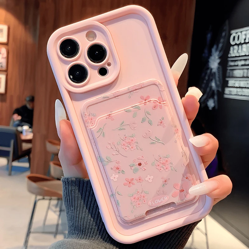 Funda de teléfono con bolsillo y ranura para tarjetas con flores rosas bonitas para iPhone 17 16 15 14 13 12 11 Pro Max 7 8 Plus X XS, funda de silicona a prueba de golpes - imagen 2
