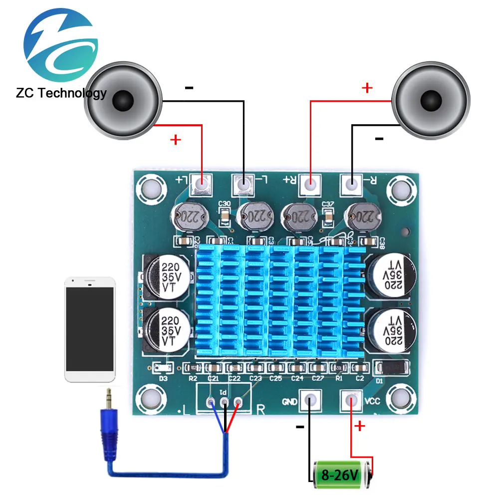 Placa amplificadora de potencia de Audio estéreo Digital TPA3110, XH-A232, 30W + 30W, 2,0 canales, DC 8-26V, 3A, para Arduino
